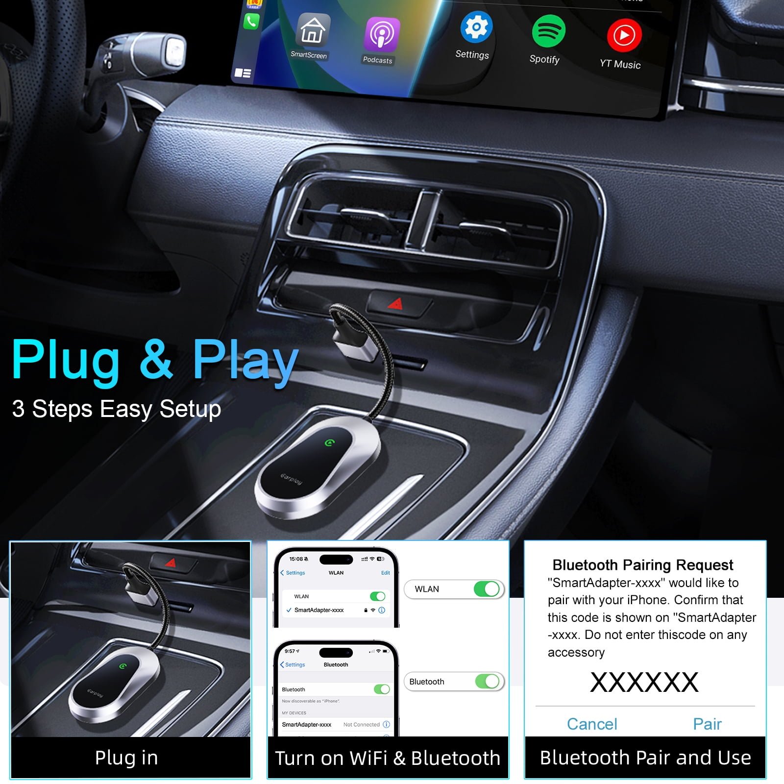 Carplay  I NEED ME ONE Wireless Usb Adapter Chrome/Noir