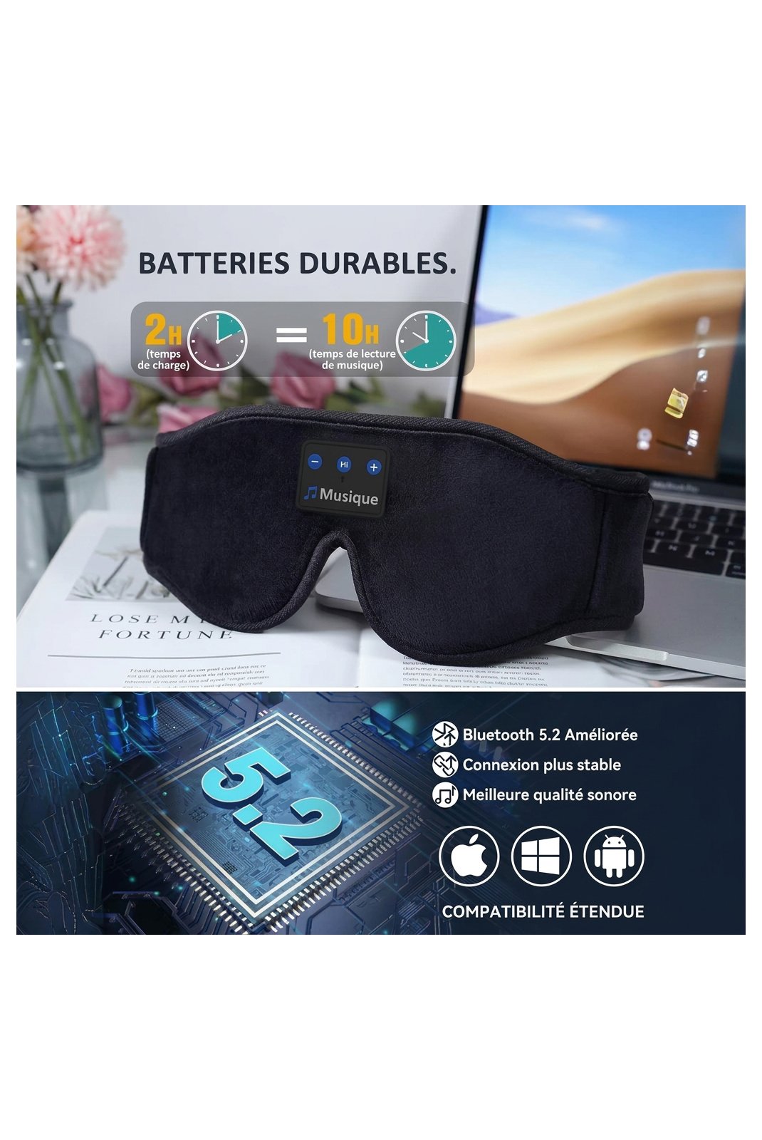 Masque de sommeil  AMEDEO Masque Bluetooth dodo Noir